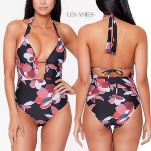 NEW BAR III Macy's‎ Plunge Halter One Piece Floral Black One Piece Swimsuit XL
